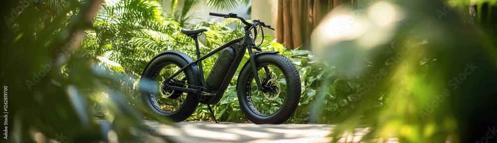 A sleek black electric bike is parked in the shade of lush green plants A sleek black electric bike is parked in the shade of lush green plants
