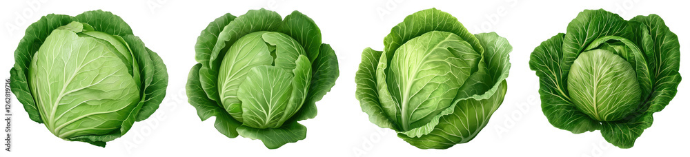Fototapeta premium Four Green Cabbages Displayed on a Transparent Background with Water Droplets and Detailed Leaves