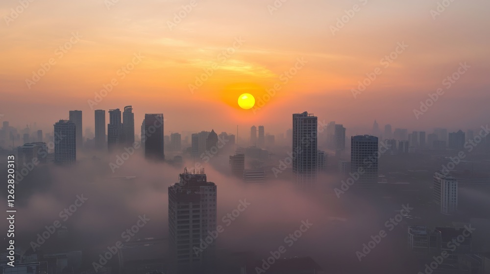 A symbolic sun struggling to shine through layers of smog. A symbolic sun struggling to shine through layers of smog.
