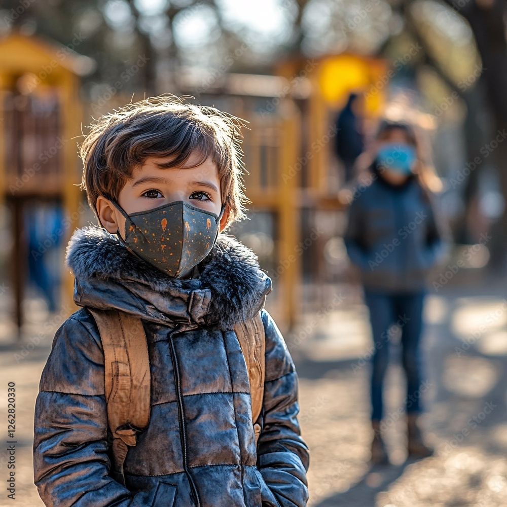 Child wearing mask at playground, autumn Child wearing mask at playground, autumn