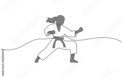 Single line drawing of sporty young karateka woman in fighting uniform with belt exercising martial arts in gym, Female karateka showing kicking technique. continuous one line drawing style.