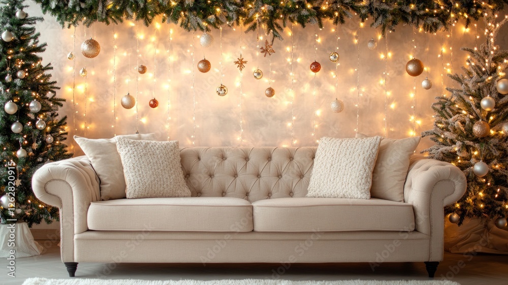 Obraz premium Cozy Christmas Living Room with Decorated Sofa and Trees