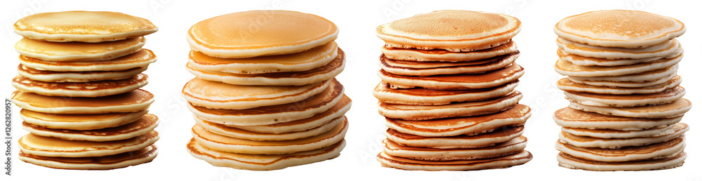 Four Stacks of Round Golden Pancakes Displayed on a Transparent Background Four Stacks of Round Golden Pancakes Displayed on a Transparent Background