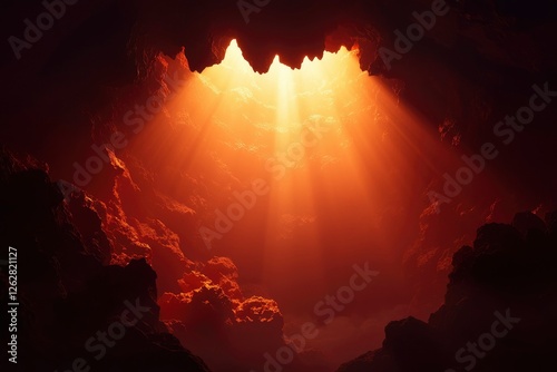 Cave Sunlight Rays, Dramatic Interior, Spiritual Light, Stock Photo photo