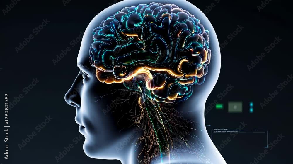 Side profile of a glowing human brain with neural pathways, in a futuristic style. Captured from a side angle, resembling a sci-fi video effect.