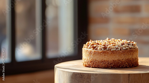 Delicious round cake with nut topping on a wooden table photo