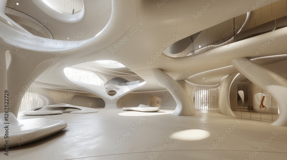 Minimalist futuristic white interior with curved modern architectural design Minimalist futuristic white interior with curved modern architectural design