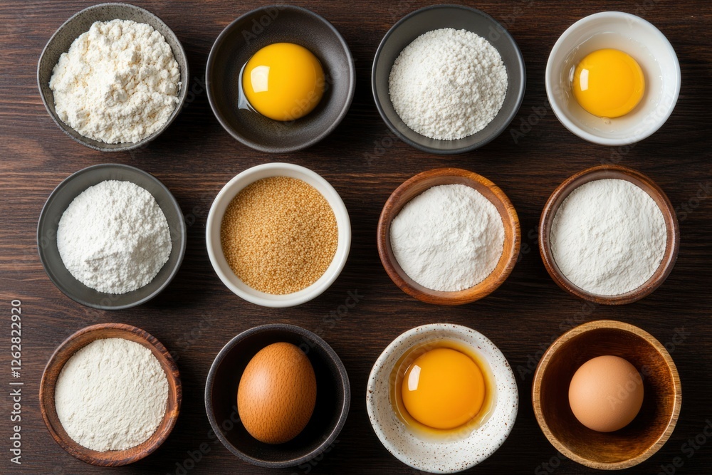 Baking ingredients arranged on a wooden surface