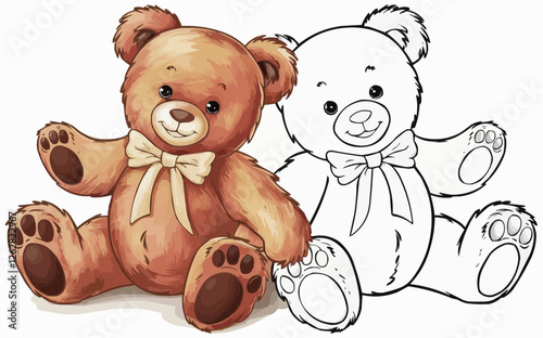 Two cute teddy bears side by side: one in brown color and the other as a simple black outline. Both feature friendly expressions