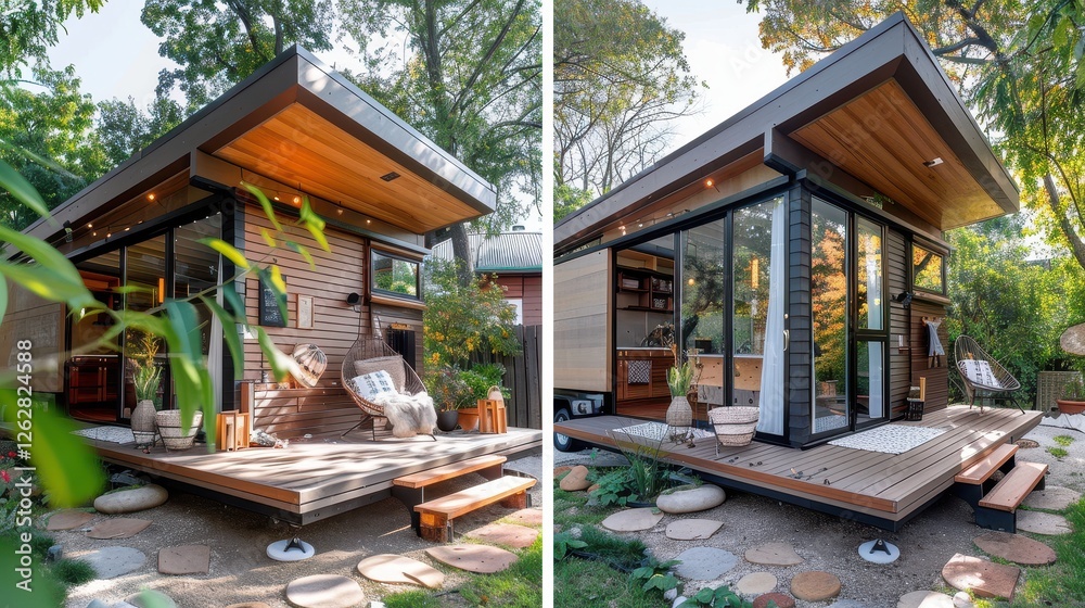 Obraz premium Modern Minimalist Wooden House Surrounded by Greenery and Nature