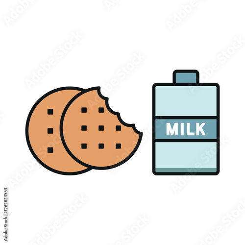 Milk and biscuit set icon represents a classic and comforting snack pairing, perfect for bakery branding, café menus, breakfast promotions, and cozy food visuals.