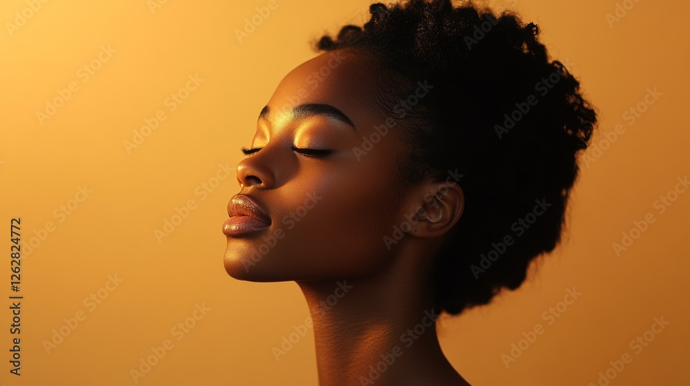Woman with closed eyes illuminated by warm golden light Woman with closed eyes illuminated by warm golden light