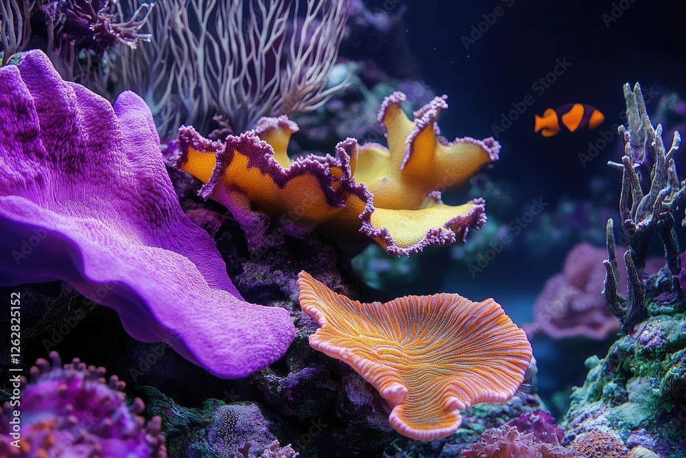 Fototapeta premium A vibrant coral reef with colorful corals and tropical fish, under the blue sky of an island in the South Seas.