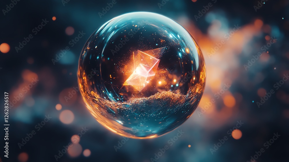 Futuristic glowing sphere with cosmic elements floating in space. Futuristic glowing sphere with cosmic elements floating in space.