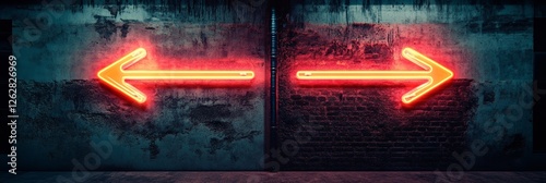 Two glowing red neon arrows pointing in opposite directions on a grungy textured wall represent difficult choices, decision making, and the fear of better options photo