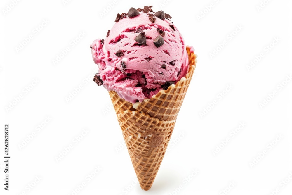 Pink ice cream cone with cookies on white background. Neural network AI generated Pink ice cream cone with cookies on white background. Neural network AI generated