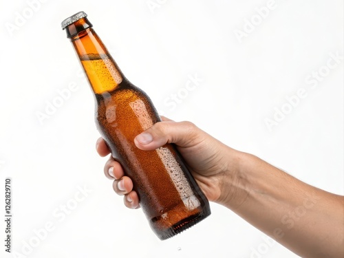 Hand Holding a Cold Bottle of Beer Isolated on a White Background for Beverage Promotion