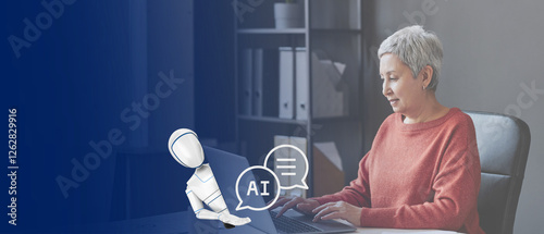senior lady working on her laptop; chat symbols layer  and robot on her computer; concept of ai help for understanding modern world, using artificial intelligence by older people; copy space