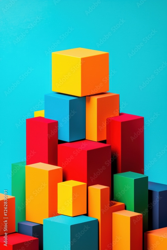 Colorful Geometric Shapes in Artistic Display on Blue Background Colorful Geometric Shapes in Artistic Display on Blue Background