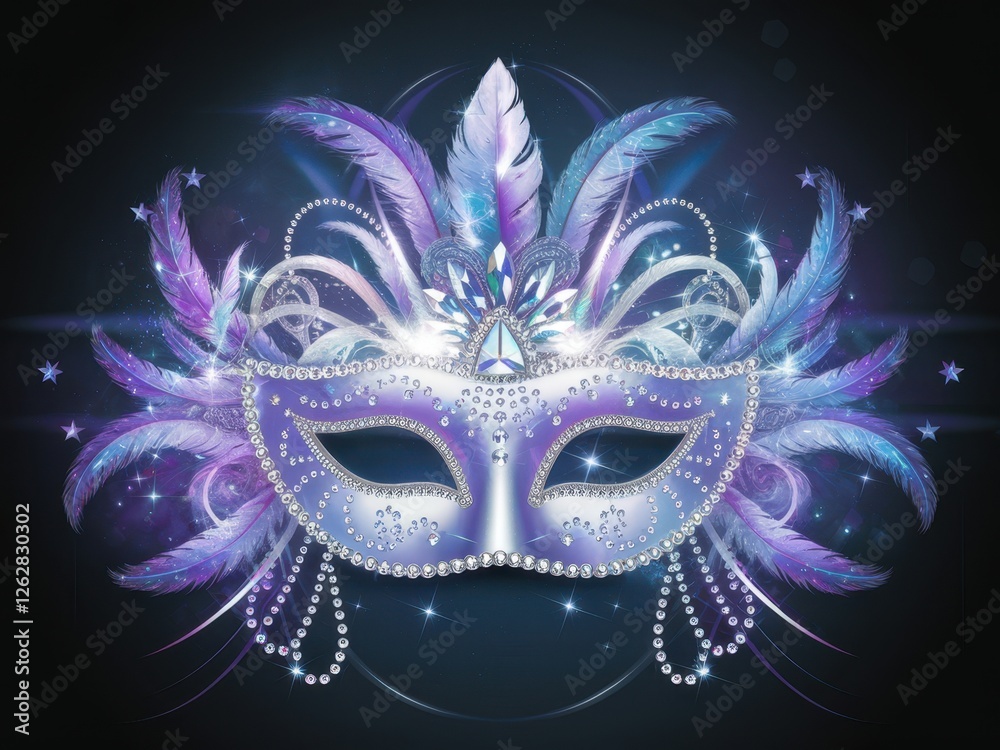 Fototapeta premium Elegant purple mask adorned with feathers and jewels for masquerade events