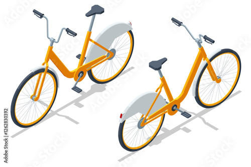 Isometric illustration of a yellow city bicycle viewed from two angles. Bike has a modern design, a step-through frame, and full rear-wheel coverage. Yellow city bicycle isolated on white background