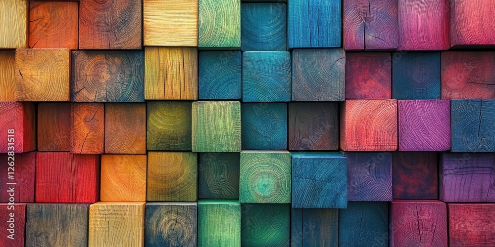 Colorful wooden blocks arranged in a vibrant mosaic pattern Colorful wooden blocks arranged in a vibrant mosaic pattern