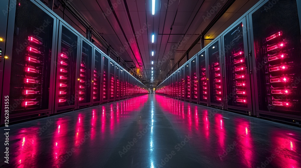 Fototapeta premium Server farm interior, rows of illuminated servers, modern data center