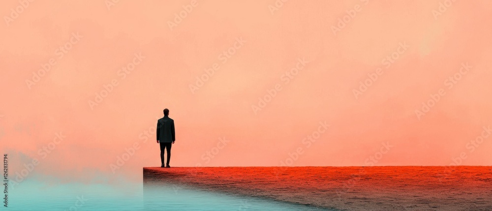Solitary Figure Standing on Edge Against a Dreamy Horizon with Soft Pastel Colors and Foggy Atmosphere Solitary Figure Standing on Edge Against a Dreamy Horizon with Soft Pastel Colors and Foggy Atmosphere