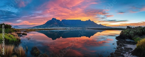 Panoramic photo of Table Mountain at sunrise, with a beautiful sky, mountains in the background, reflections on the water, and vibrant colors. photo