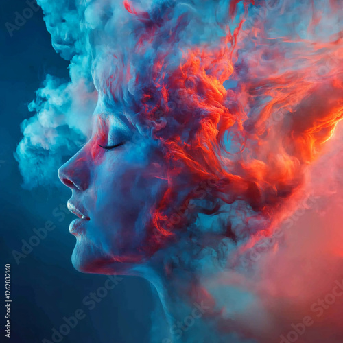 Ethereal human figure surrounded by vibrant clouds representing emotions and thoughts in a surreal atmosphere