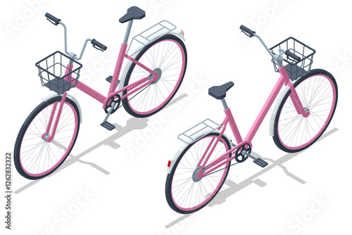 An isometric illustration of a pink city bicycle with a front basket and rear rack, viewed from two angles. Designed for comfortable urban commuting. Pink city bicycle isolated on white background