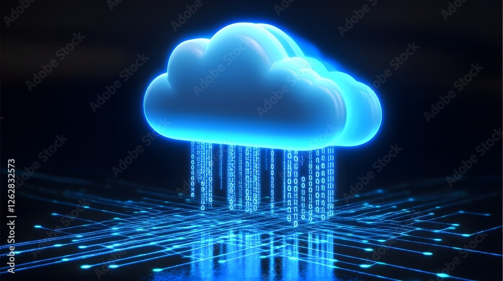 Obraz premium Digital Cloud with Binary Rain Over a Futuristic Network Background