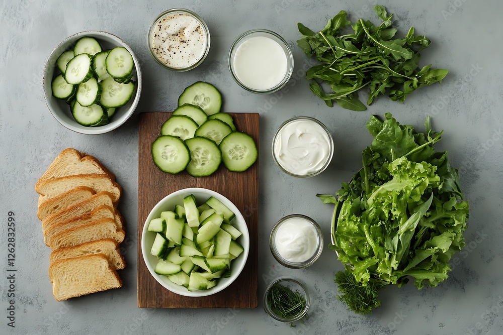 Obraz premium Flat lay of fresh vegetables, herbs, greens, lemons and avocados on a textured gray background, showcasing vibrant colors and natural textures.