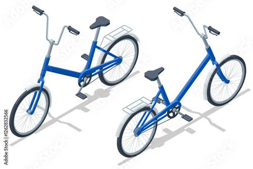 An isometric illustration of a blue city bicycle with a step-through frame and a rear luggage rack, designed for practical urban commuting. Blue city bicycle isolated on white background