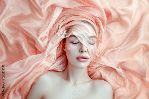 Artistic portrait of a woman with soft, peach-toned fabric draped over her face, creating a dreamy and serene atmosphere. photo