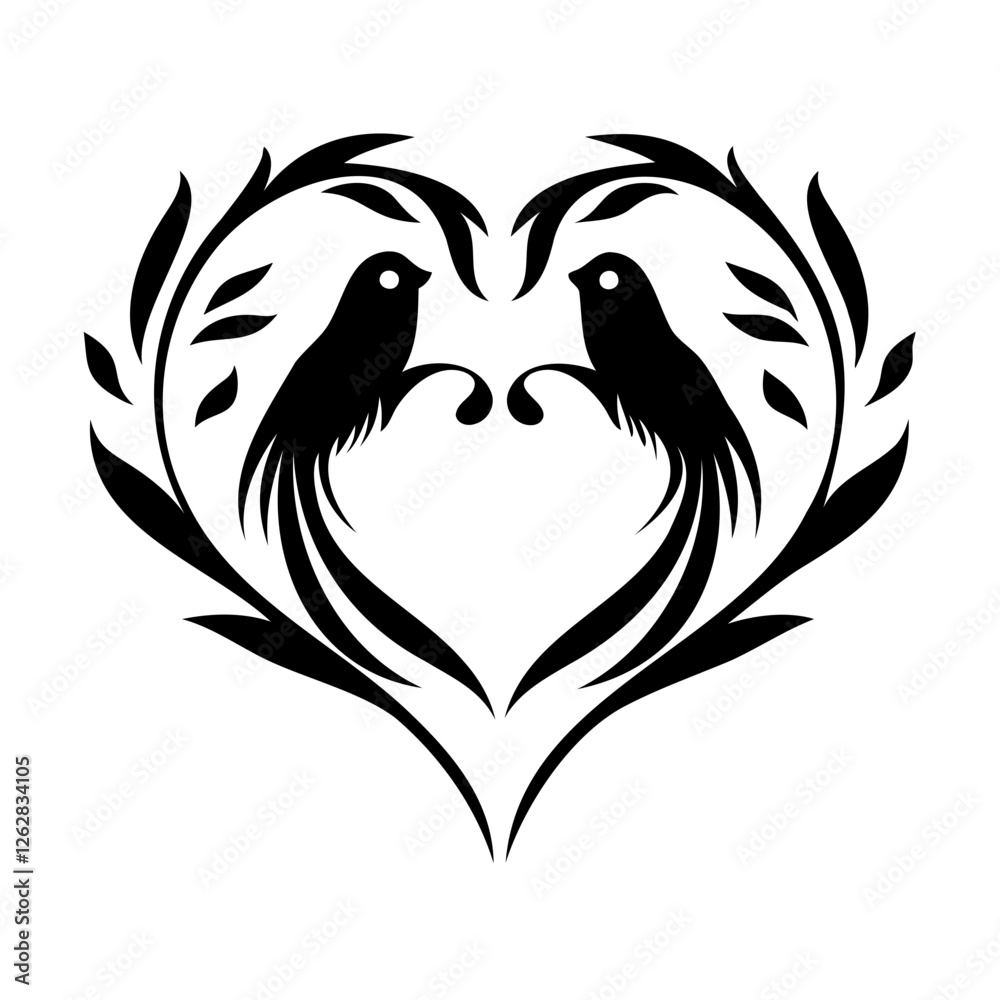 Obraz premium Two Birds in Heart Shape Silhouette Vector Illustration on Transparent Background