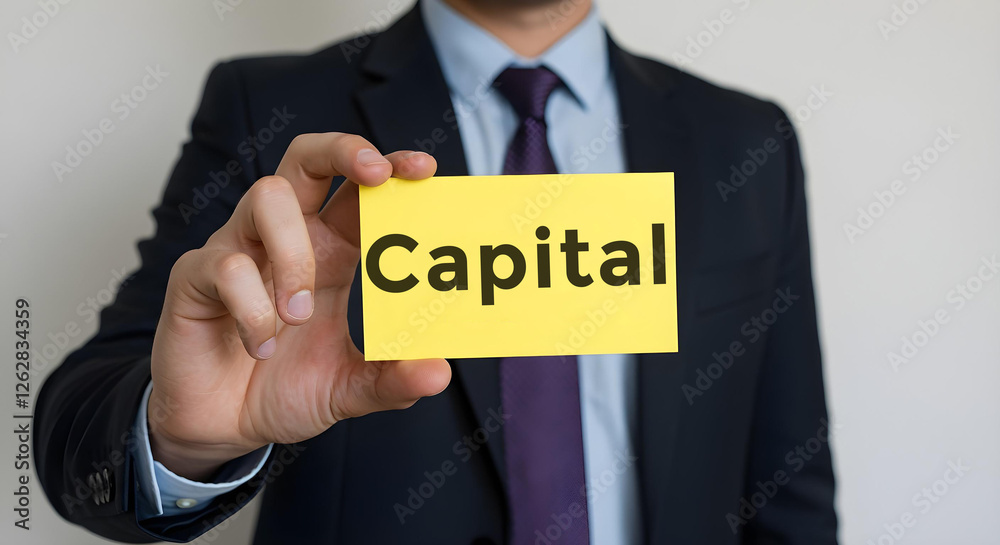Businessman is holding a card on which is written capital, Business, Corporate, Office, Teamwork, Finance, Technology, Meeting, Success, Marketing, Strategy. Businessman is holding a card on which is written capital, Business, Corporate, Office, Teamwork, Finance, Technology, Meeting, Success, Marketing, Strategy.