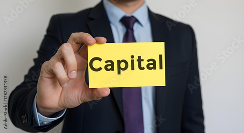 Businessman is holding a card on which is written capital, Business, Corporate, Office, Teamwork, Finance, Technology, Meeting, Success, Marketing, Strategy.