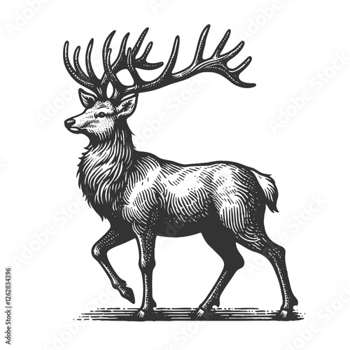 Deer proud stag with large, intricate antlers, standing gracefully, nature, wildlife, and classic vintage style sketch engraving generative ai vector illustration. Scratch board. Black and white.