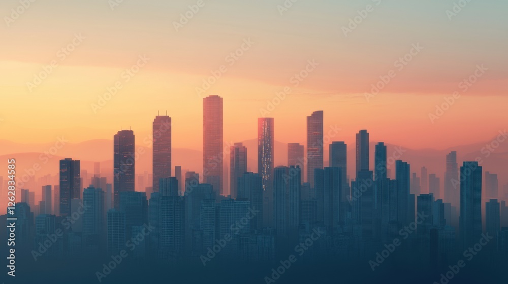 Fototapeta premium Urban Skyline at Sunset Reflecting Demographic Challenges