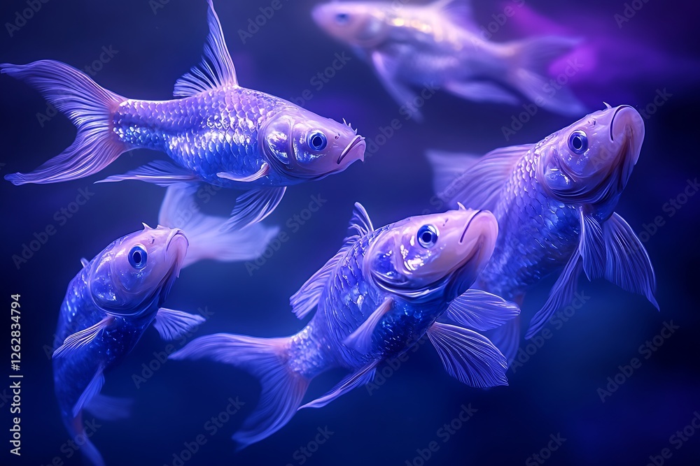 Fototapeta premium Illustrated in Rose Tran's enchanting and whimsical style, a vibrant school of fish swim gracefully underwater.