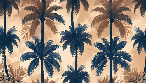 palm trees at sunset, Tropical landscape with tall palm trees against the backdrop of sunset or sunrise. A pond with lush greenery, many palm trees of different sizes and blue sky trees. Tropics vecto