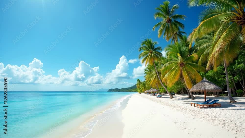Tropical beach paradise with clear blue water and swaying palm trees under a sunny sky Tropical beach paradise with clear blue water and swaying palm trees under a sunny sky