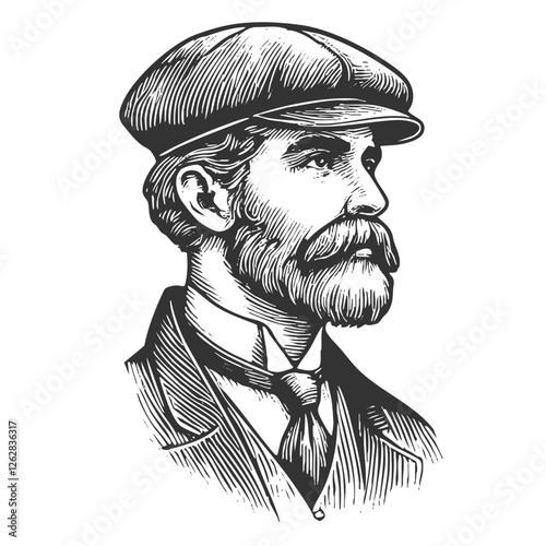 bearded gentleman wearing a flat cap, suit, and tie, evoking a classic early 20th-century vintage aesthetic sketch engraving generative ai vector illustration. Scratch board. Black and white image.