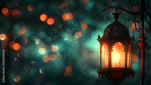 Wallpaper Mural Ornate lantern glowing warmly amidst a blurred, colorful bokeh background at dusk Torontodigital.ca