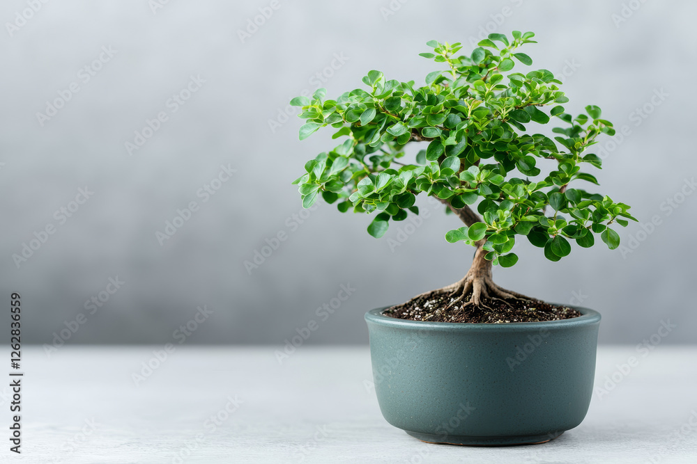 Small bonsai tree in pot sits serenely on table, showing peace Small bonsai tree in pot sits serenely on table, showing peace