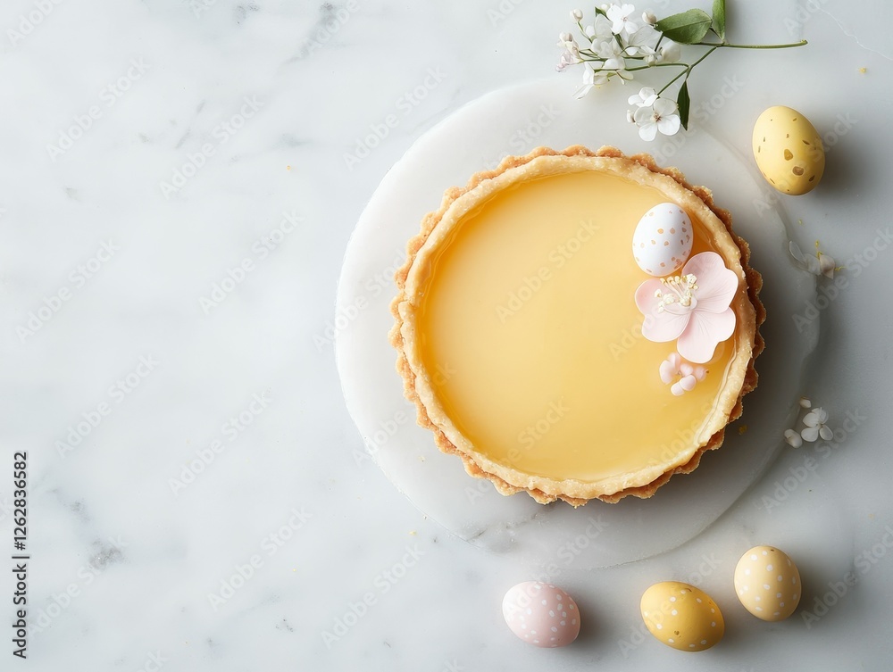 Fototapeta premium A beautifully crafted lemon tart garnished with delicate flowers and pastel-colored eggs, set against a light marble background.