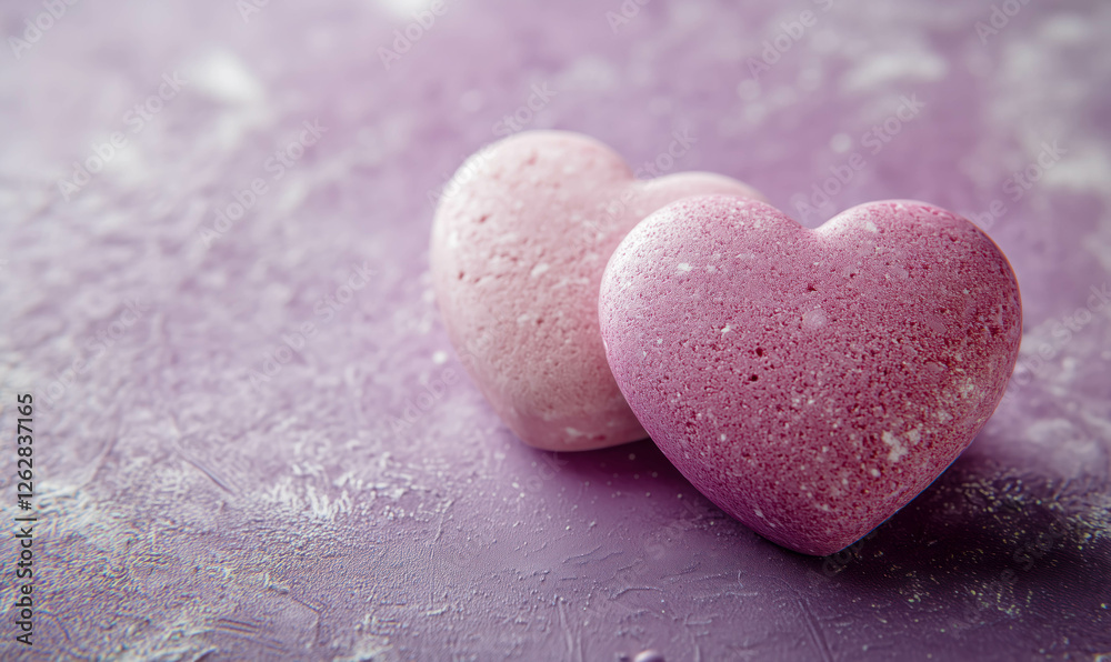 Fototapeta premium Two pink stone hearts resting on a pastel purple background. Valentines day concept.