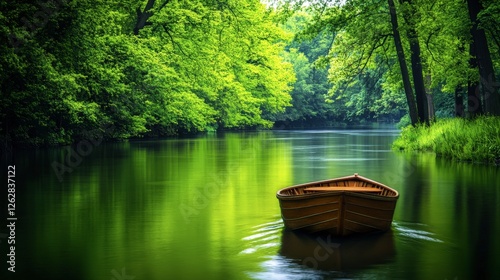 Tranquil River Scene with Small Wooden Boat and Lush Green Foliage