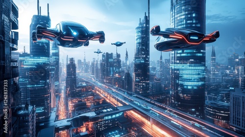 Vibrant Futuristic Cityscape with Glowing Skyscrapers and Flying Vehicles at Night